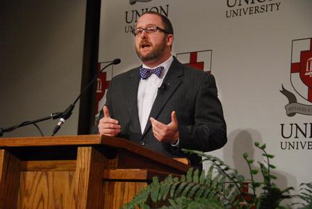 Nathan Finn, assistant professor of church history and Baptist studies at Southeastern Baptist Theological Seminary, delivers an address entitled "Southern Baptists and Evangelicals: Passing on the Faith to the Next Generation" at the Southern Baptists, Evangelicals and the Future of Denominationalism conference. - Photo by Abby Ott