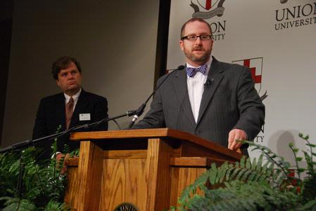 Nathan Finn, assistant professor of church history and Baptist studies at Southeastern Baptist Theological Seminary, answers questions after his address at the Southern Baptists, Evangelicals and the Future of Denominationalism conference. - Photo by Abby Ott
