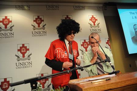 James Patterson, professor of Christian studies and associate dean of the school of Christian studies, performs a rap on 400 years of Baptist history at the Southern Baptists, Evangelicals and the Future of Denominationalism Conference. - Photo by Morris Abernathy