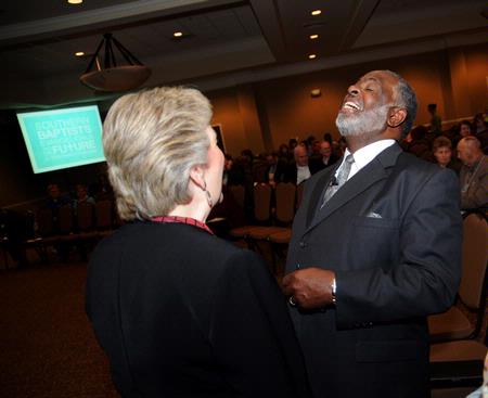 First Lady Lanese Dockery fellowships with Robert Smith, associate professor of divinity at Beeson Divinity School, before the corporate worship service during the Southern Baptists, Evangelicals and the Future of Denominationalism conference. - Photo by Morris Abernathy