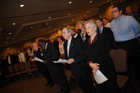 Timothy George, Robert Smith, David and Lanese Dockery, Frank Lewis, and Buddy Gray sing at the Wednesday evening worship service during the Southern Baptists, Evangelicals and the Future of Denominationalism conference. - Photo by Morris Abernathy