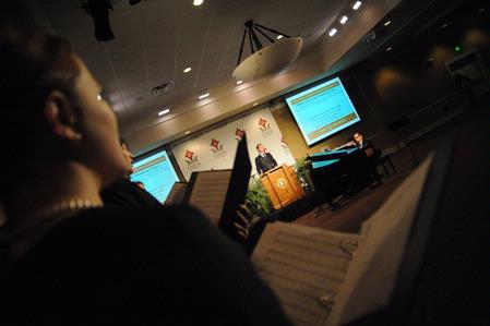 Chris Matthews, chair of the music department, leads music during the Wednesday evening worship service at the Southern Baptists, Evangelicals and the Future of Denominationalism conference. - Photo by Morris Abernathy