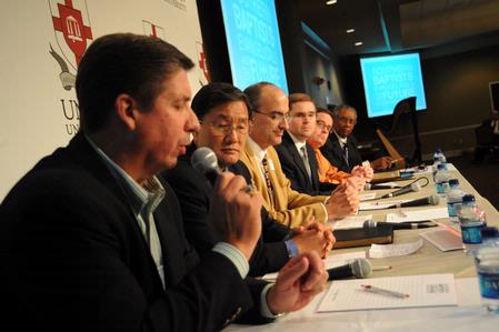 Danny Sinquefield, current TBC president, answers a question during a Thursday evening panel discussion moderated by Greg Thornbury.  Other participants included Paul Kim, George Guthrie, Doug Baker, Buddy Gray and Roland Porter. - Photo by Morris Abernathy