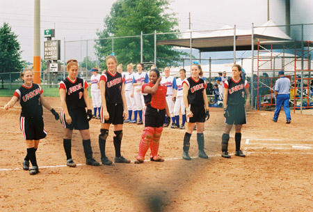 Union players begin to line up during pre-game introductions during the 2003 NAIA Softball World Series in Decatur, Ala. - Photo by Steven Aldridge