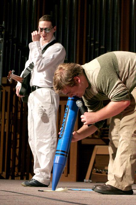 Matthew Pinkard, junior psychology major, and Rob Simpson, sophomore digital media studies major, perform in a Blue's Clues skit during All-Sing 2009. - Photo by Kristi McMurry Woody