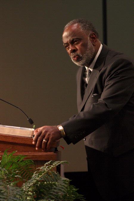 Robert Smith, associate professor of divinity at Beeson Divinity School, preaches at the Wednesday evening worship service during the Southern Baptists, Evangelicals and the Future of Denominationalism conference.  - Photo by Megan Bailey