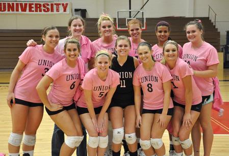 Union volleyball team participates in Dig Pink for breast cancer awareness. - Photo by Uncredited