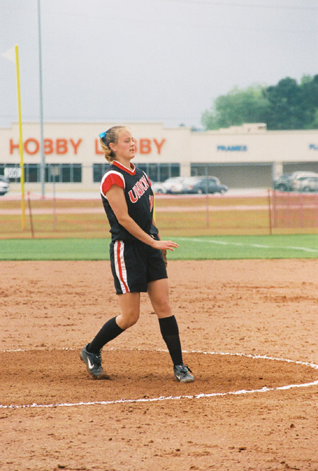 Leah Gronberg completes one of her many pitches at the 2003 NAIA Softball World Series in Decatur, Ala. - Photo by Steven Aldridge