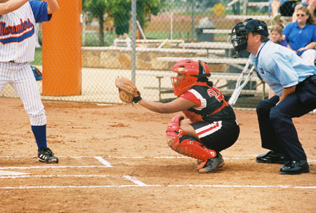 Megan Quarry, a two-year starting catcher for Union, catches for the Lady Bulldogs during the 2003 NAIA Softball World Series in her hometown of Decatur, Ala. - Photo by Steven Aldridge
