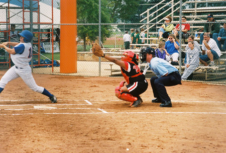 Megan Quarry, a two-year starting catcher for Union, catches for the Lady Bulldogs during the 2003 NAIA Softball World Series in her hometown of Decatur, Ala. - Photo by Steven Aldridge