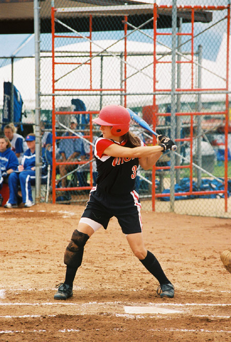 Union's leadoff hitter and center fielder, Holly Haycraft, stands ready to hit at the 2003 NAIA Softball World Series.  Haycraft is from Dyersburg, Tenn. - Photo by Steven Aldridge
