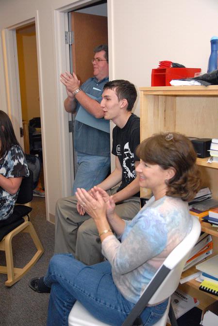 Kevin Scalf, Matt Scalf, junior digital media studies major, and Lynne Scott, spend time together in Matt's dorm during Family Weekend. - Photo by Kristi McMurry Woody