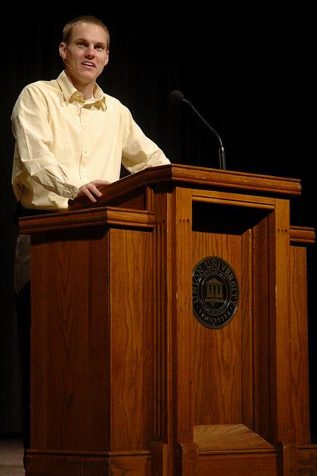 David Platt, senior pastor at The Church at Brook Hills, encourages students to live sacrificially during the Faith In Practice chapel on Thursday, Oct. 22. - Photo by Beth Spain