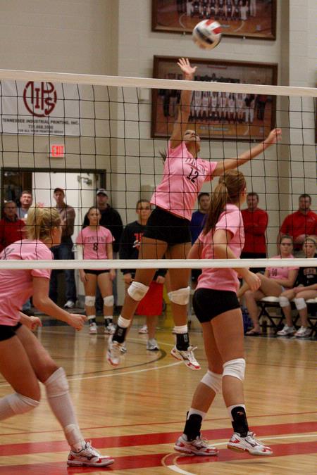 Marcela Madeira junior goes up for the hit against Freed during the Lady Bulldog Volleyball vs. Freed Hardeman University game (ACS Dig Pink Night) on  October 13, 2009.  - Photo by Megan Bailey