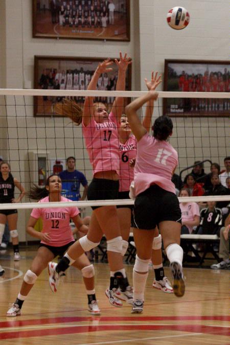 Anna Sims (17) sophomore  and Kelsey Duling (6) junior go up for the block during the Lady Bulldog Volleyball vs. Freed Hardeman University game (ACS Dig Pink Night) on  October 13, 2009.   - Photo by Megan Bailey