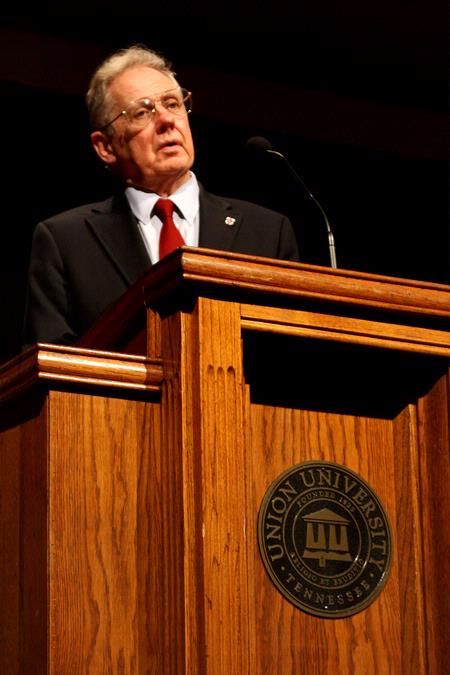 David Hackett Fischer, the Warren Professor of History at Brandeis University, addressed the topic, "Leaders in an Open Society: The Presidencies of Washington, Lincoln, Franklin Roosevelt and Barack Obama" during the 13th annual Carls-Schwerdfeger History Lecture Series. - Photo by Megan Bailey