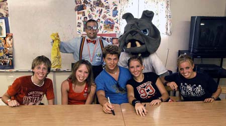 Eugene & Buster pose with teen group Jump 5 after a WAY-FM Brown Bag Concert sponsored by Union University in Franklin, Tenn. - Photo by Jim Veneman