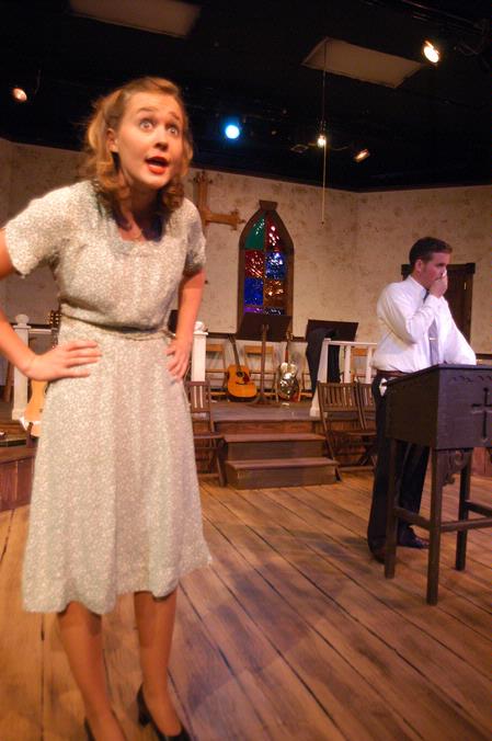 Caitlin Riggs performs as June Sanders with Dustin Perry performing as Rev. Mervin Oglethorpe in the play Smoke on the Mountain. - Photo by Angela Abbamonte