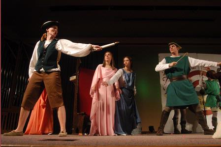 Caitlin Riggs, Melissa Miller, Margaret Broersma, and David Conway perform in Robin Hood for the annual Children's Play. - Photo by Angela Abbamonte
