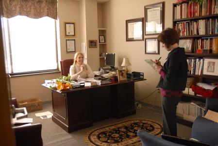 Kimberly Thornbury, Dean of Students, works in her office with Anna Worley. Her office is located in the Hyran E. Barefoot Student Union Building. - Photo by Kristi McMurry Woody