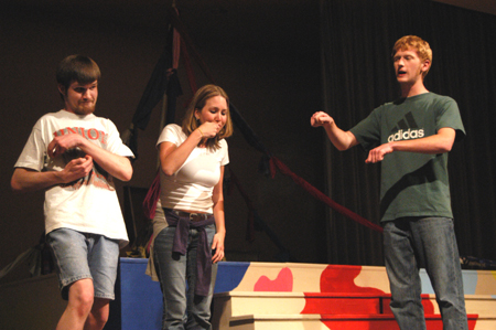 Nathan Ross, Allie Campbell, and Jared New perform in <i>Story Theatre</i>. The production is a medley of eight familiar children's stories. - Photo by Kristen Hiller