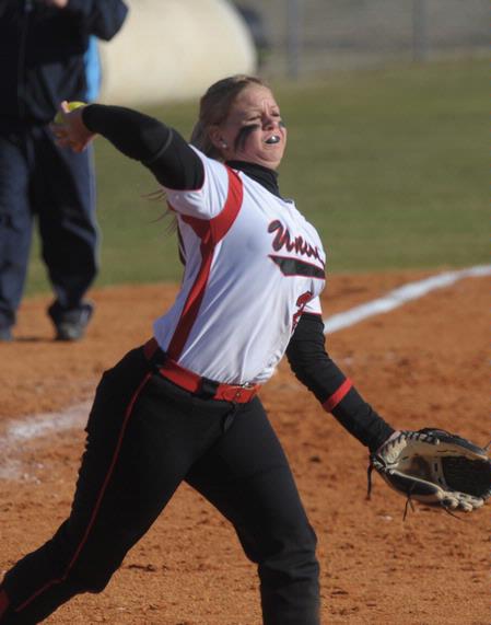 Hailee Edwards, sophomore learning foundations major, pitches in a game against Missouri Baptist University.  - Photo by Morris Abernathy
