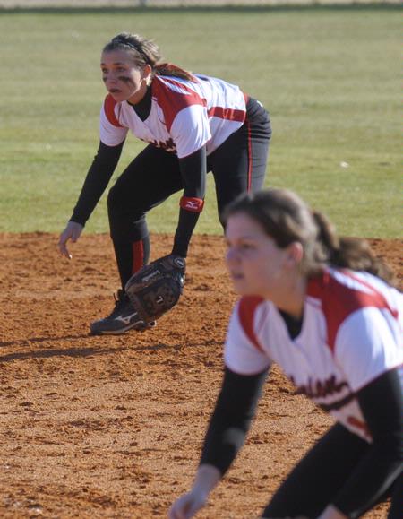 The Lady Bulldogs wait for a hit from Missouri Baptist University. Union won both games of the double header. - Photo by Morris Abernathy