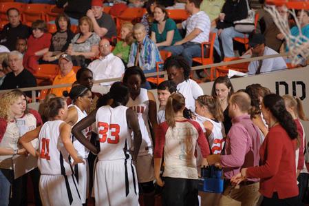 The Lady Bulldogs take a time-out in the Second Round game of the NAIA National Tournament against Southern Polytechnic State University opponent. The Lady Bulldogs won 70-47. - Photo by Morris Abernathy