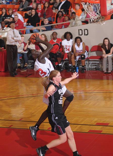 Zeinab Chan, junior history major, goes up for a shot in the Quarterfinals game of the NAIA National Tournament against Oklahoma Christian University. The Lady Bulldogs won 83-55. - Photo by Morris Abernathy