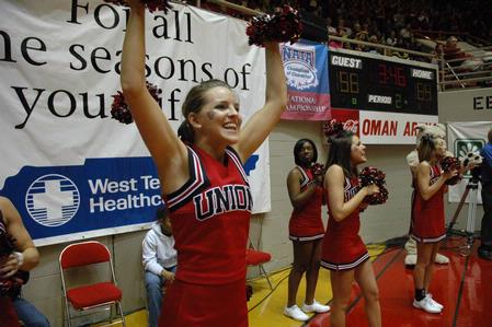 Union's cheerleaders cheer for the Lady Bulldogs in the Championship game of the NAIA National Tournament.  - Photo by Jordan Buie