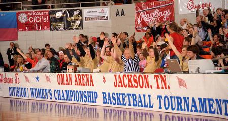 The crowd at the Championship game of the NAIA National Tournament gets excited about the game between the Lady Bulldogs and Azusa Pacific University. Union won the game 73-65. - Photo by Morris Abernathy