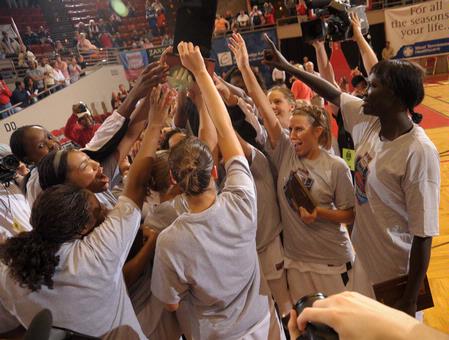 The Lady Bulldogs celebrate after winning the NAIA National Tournament for the second year in a row.  - Photo by Morris Abernathy