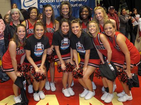 The Union cheerleaders pose for a picture after the Lady Bulldogs won the NAIA National Tournament.  - Photo by Morris Abernathy