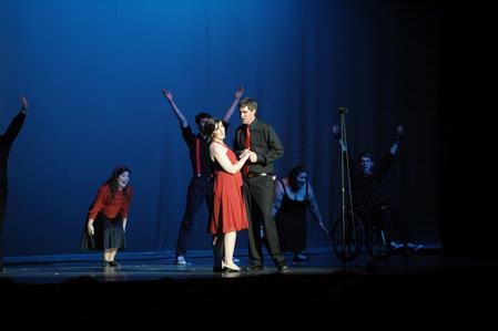 Courtney Moore, junior music major, and Jamie Evans, senior music education major, perform in a Glee-inspired musical number for Variety Show 2010. - Photo by Morris Abernathy
