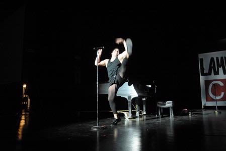 Jordan Johnson, junior Christian studies major, performs a funny skit for the 2010 Variety Show with the men of Lambda Chi Alpha. - Photo by Morris Abernathy