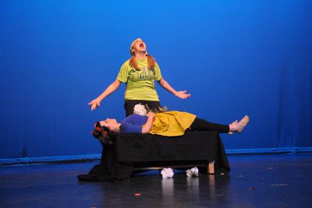Jill Brown, senior French major, laments over Snow White, played by Allison Gooch, during Kappa Delta's performance of Snow White and the Seven Dwarfs for Variety Show 2010. - Photo by Morris Abernathy