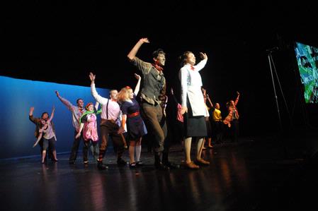 Sam Ritter, sophomore music major, and Abigail Ebensberger, freshman theatre/speech major, lead their group in a Mary Poppins act for Variety Show 2010. - Photo by Morris Abernathy