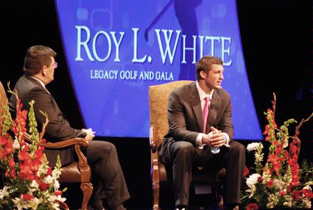 Dr. Charles Fowler asks Tim Tebow questions submitted by the audience after his speech at the Roy L. White Legacy Golf and Gala. - Photo by Abigail Harris