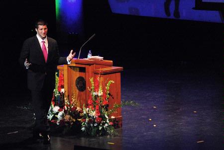 Tim Tebow spoke to donors about the importance of finishing strong and being willing to stand alone for Christ during the Roy L. White Golf and Gala Banquet held on Monday, April 19, 2010. - Photo by Abigail Harris