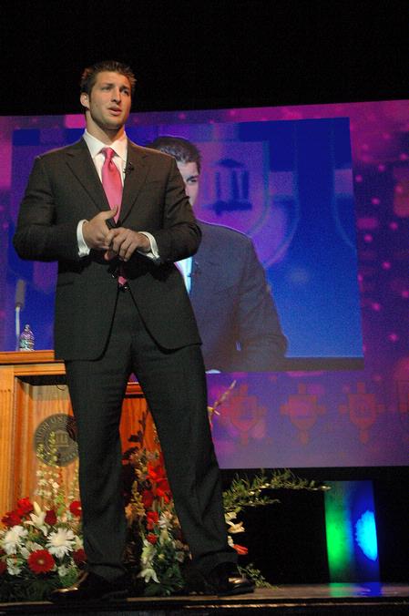 Tim Tebow spoke to donors about the importance of finishing strong and being willing to stand alone for Christ during the Roy L. White Golf and Gala Banquet held on Monday, April 19, 2010.  - Photo by Jordan Buie