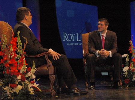 Tim Tebow responded to questions asked by Dr. Charles Fowler,senior vice president for University Relations,  during the Roy L. White Legacy Golf and Gala held on Monday, April 19, 2010.  - Photo by Jordan Buie