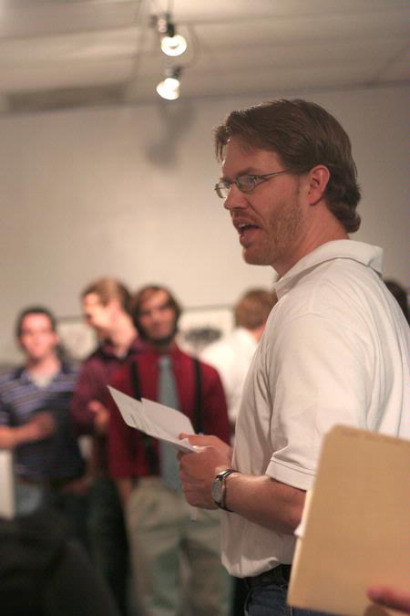 Dr. Steve Halla, assistant professor of art, opens the reception for the Student Art Show 2010.  - Photo by Kristi McMurry Woody