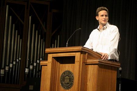 Ben Mandrell, pastor of Englewood Baptist Church, speaks on the importance of working for the Lord and not for man during chapel. - Photo by Lauren Laster