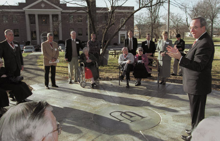 Fourteen members of the Class of 1952 returned to Union's old campus as part of their fifty-year reunion celebration.  President David S. Dockery officially dedicated a new <i>circle</i> on the campus, calling it <i>hallowed ground</i>. - Photo by Jim Veneman