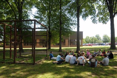 Dr. Keith Bates's class meets outside by the Aquatic Center.  - Photo by Morris Abernathy