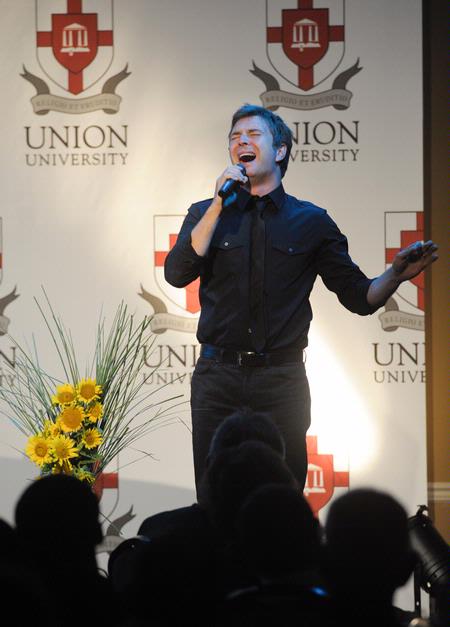 Travis Cottrell, Christian artist and worship leader at Englewood Baptist Church, provides the entertainment for the Faculty/Staff dinner.  - Photo by Morris Abernathy