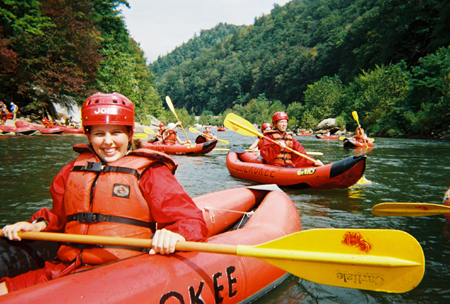 Connie Cooper leads a train of Union funyakers down the Lower Nolichucky River during the white water rafting Adventure Program. - Photo by Cam Tracy