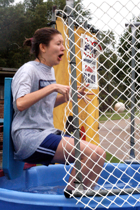 Student Services administrative assistant Ashley Guinn gets dunked at Fall Fest 2003. - Photo by Jonathan Blair