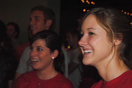 New students Ashton Taylor and Ashley Smith laugh as they enjoy the new student Open Mic hosted in Barefoots Joe. - Photo by Victoria Stargel