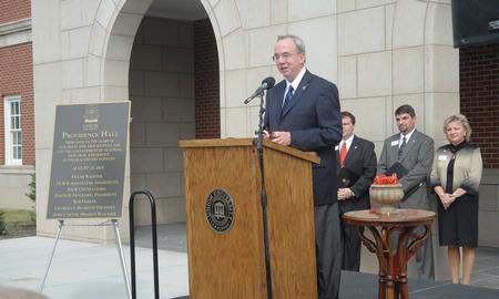 President David S. Dockery welcomes the Jackson and Union community to the dedication of Providence Hall.  - Photo by Morris Abernathy